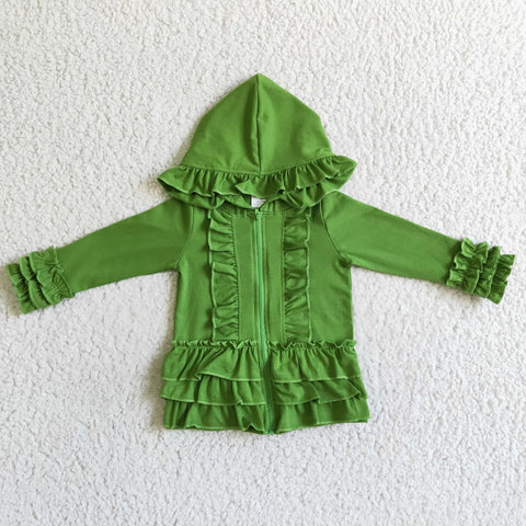 Green Solid Color Ruffles Hoodie Girl's Coat