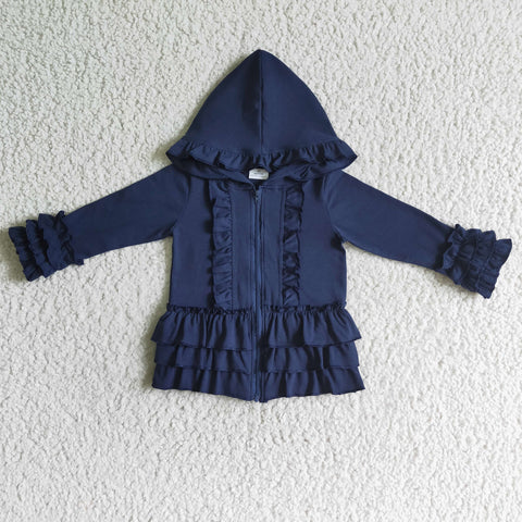Navy Blue Solid Color Ruffles Hoodie Girl's Coat