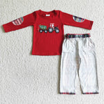 Christmas Embroidery Tree Truck Red Plaid Cute Boy's Set