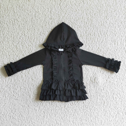 Black Solid Color Ruffles Hoodie Girl's Coat