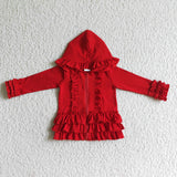 GT0019 Red Solid Color Ruffles Hoodie Girl's Coat