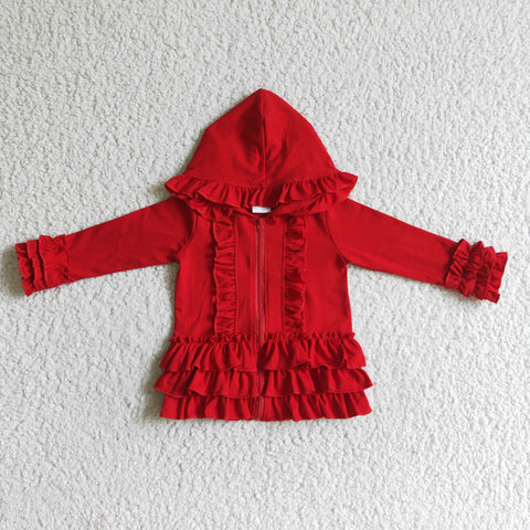 Red Solid Color Ruffles Hoodie Girl's Coat