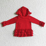 Red Solid Color Ruffles Hoodie Girl's Coat