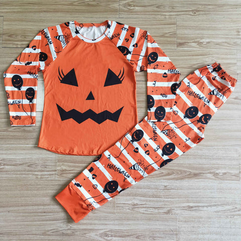 GLP0075 Adult Mommy Halloween Pumpkin Orange Striped Top Parent-Child Pajamas