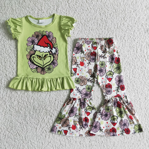 GSPO0179 Christmas Green Cartoon Flower Girl's Set