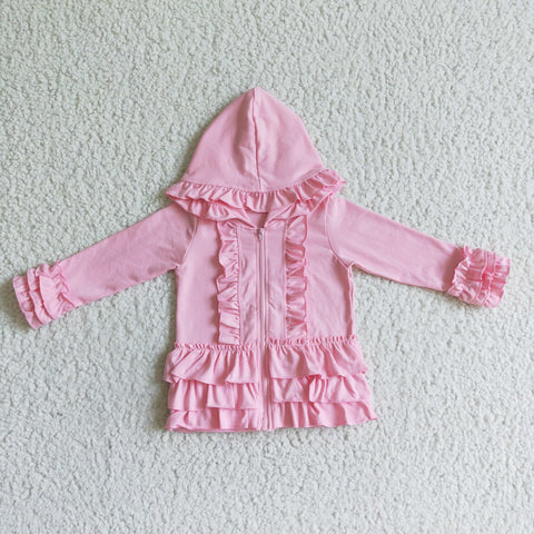 Pink Solid Color Ruffles Hoodie Girl's Coat