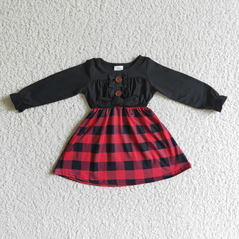 Black Red Plaid With Buttons Cute Girl's Dress