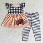 Fall Pumpkin Stripe Plaid Girl's Set