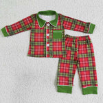 BLP0049 Boutique Christmas Green Red Plaid Buttons Boy's Set Pajamas