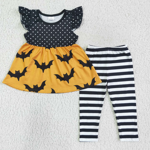 GSPO0171 Halloween Bat Black Dots Stripe Girl's Set