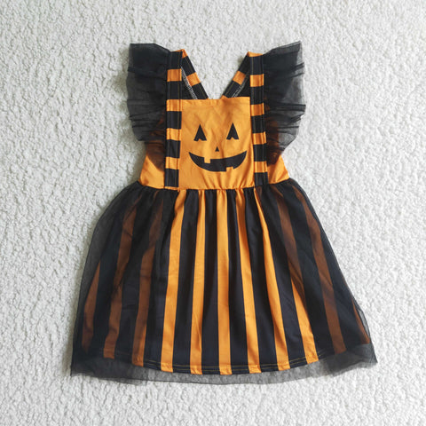 GSD0138 Halloween Pumpkin Smiley Black Stripe Girl's Tulle Dress