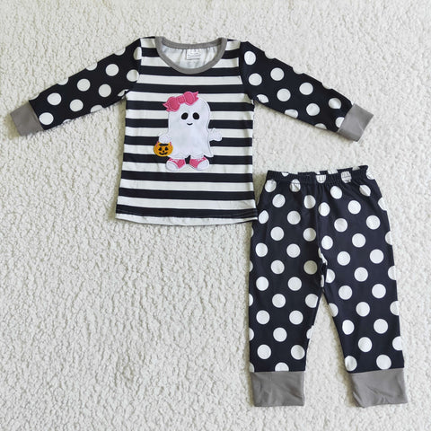 Halloween Embroidery Ghost Pumpkin Stripe Dots Cute Girl's Set Pajamas