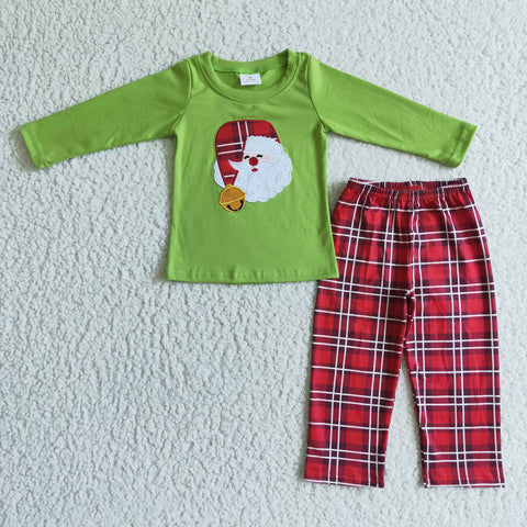 BLP0034 Christmas Embroidery Santa Green Red Plaid With Pocket Boy's Set