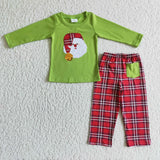 BLP0034 Christmas Embroidery Santa Green Red Plaid With Pocket Boy's Set