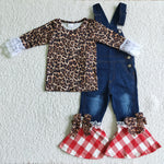 Fashion Leopard With Lace Denim Overalls Set