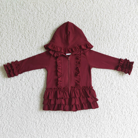 Burgundy Navy Red Solid Color Ruffles Hoodie Girl's Coat