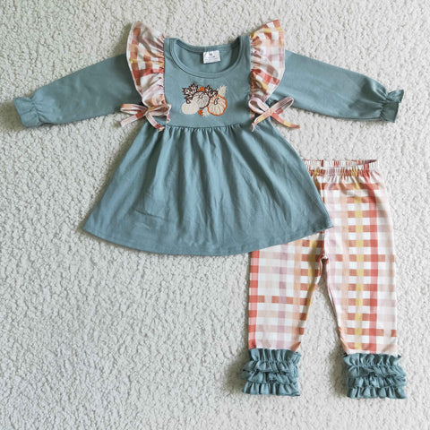 GLP0156 Autumn Embroidery Pumpkin Plaid Blue Cute Girl's Set