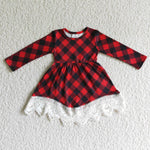 Christmas Red Plaid With Lace Girl's Dress