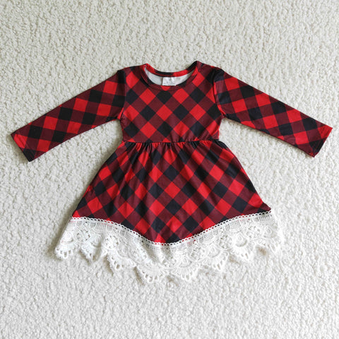 Christmas Red Plaid With Lace Girl's Dress