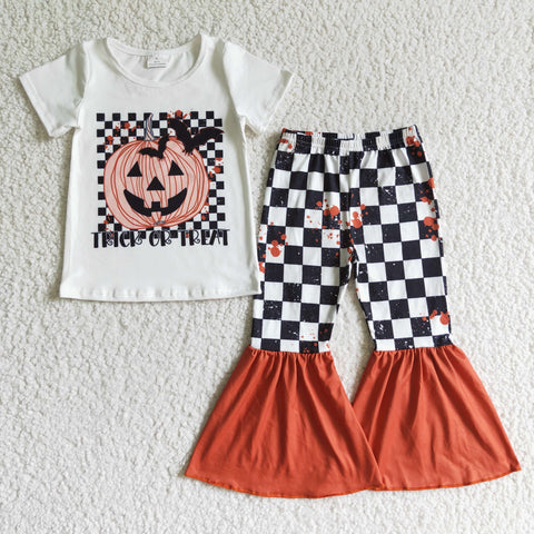 GSPO0168 Halloween Trick Or Treat Pumpkin Black Plaid Girl's Set