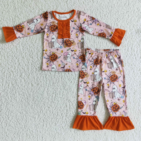 Halloween Pumpkin Ghost Orange Girl's Set Pajamas