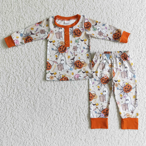 Halloween Pumpkin Ghost Orange Boy's Set Pajamas