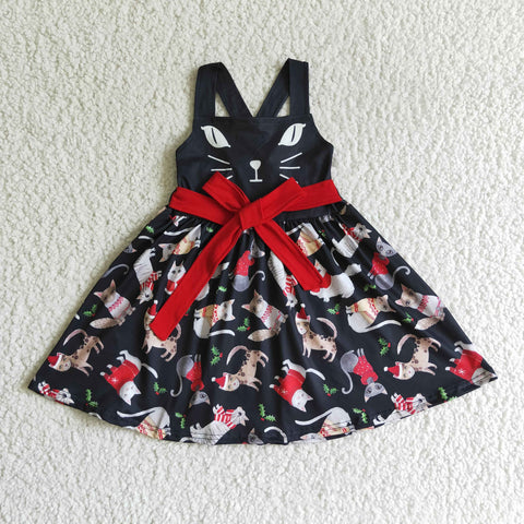 Christmas Cat Red Belt Black Girl's Dress