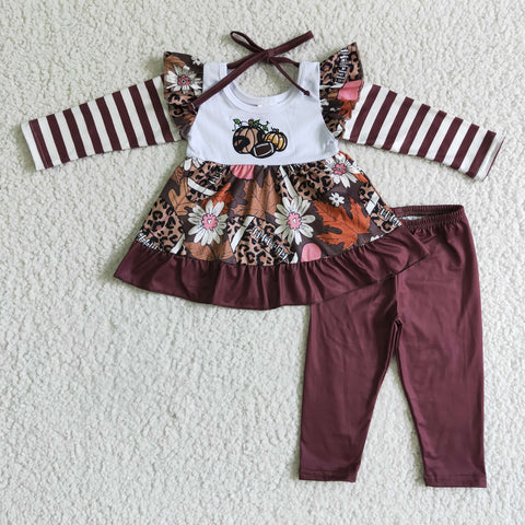 Embroidery Pumpkin Leopard Football Brown Stripe Girl's Set