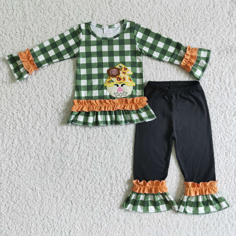 Embroidery Scarecrow Sunflower Green Plaid Cute Girl's Set