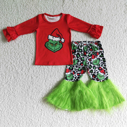 Boutique Christmas Red Cartoon Green Plush Girl's Set