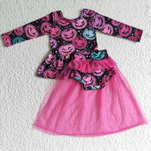 SALE GLD0080 Halloween Pumpkin Deep Pink Baby Cute Tulle Girl's Bummie Set