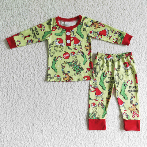 BLP0073 Merry Christmas Candy Canes Cartoon Red Boy's Set Pajamas