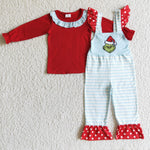 Christmas Overalls Red Blue Stripe Cartoon Girl's Set