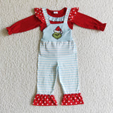 Christmas Overalls Red Blue Stripe Cartoon Girl's Set