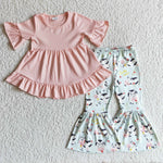 SALE GSPO0115 Farm Cow Blue Pink Cute Ruffles Girl's Set