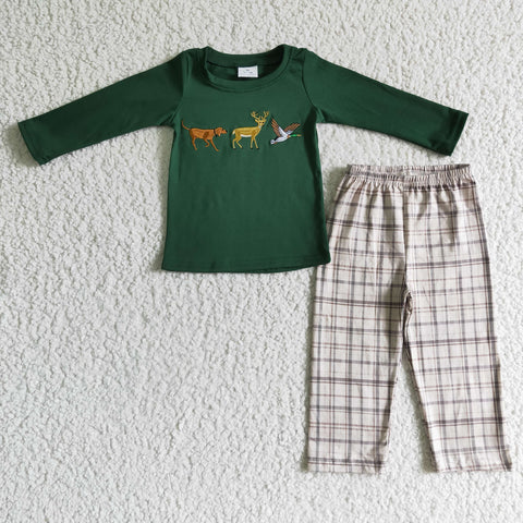 New Boutique Embroidery Deer Dog Bird Dark Green Plaid Boy's Set