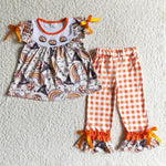 Boutique Halloween Embroidery Rainbow Pumpkin Orange Plaid Girl's Set