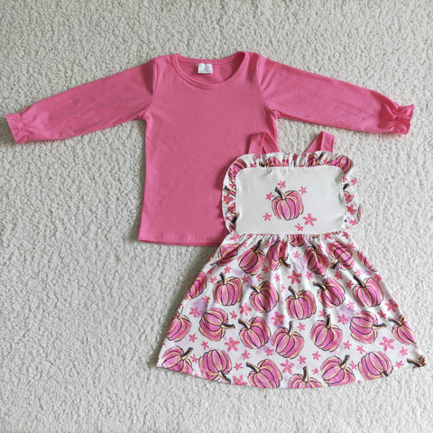 Pink Pumpkin Overalls Cute Girl's Skirt Set
