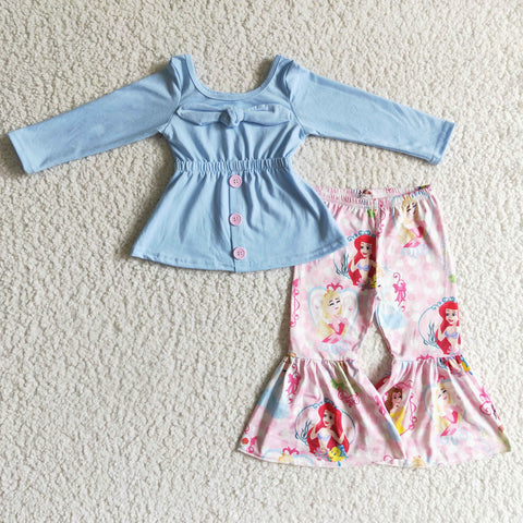 New Cartoon Princess Sky Blue Pink Girl's Set