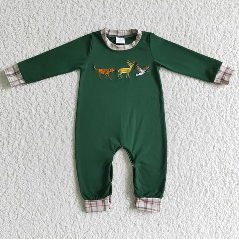 LR0107 New Boutique Embroidery Deer Dog Bird Dark Green Plaid Baby Cute Boy's Romper