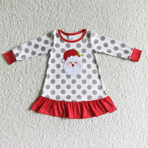 Christmas Girl's Gown Grey Red Embroidery Santa Claus Dots Dress