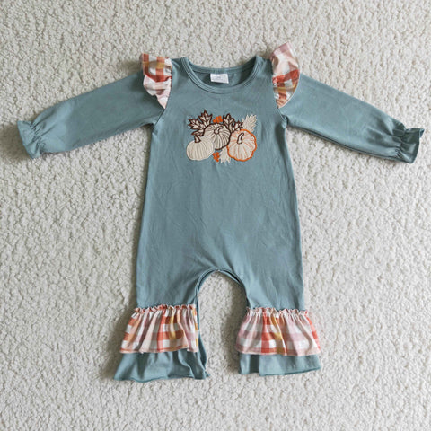 LR0105 Autumn Embroidery Pumpkin Plaid Blue Cute Baby Girl's Romper