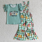 Life is better with chickens Girl's Green Plaid Overalls Set