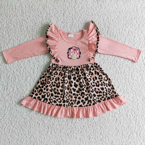 Embroidery Turkey Leopard Pink Cute Girl's Dress