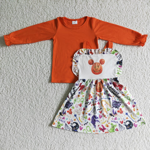 Orange Pumpkin Overalls Cute Girl's Skirt Set