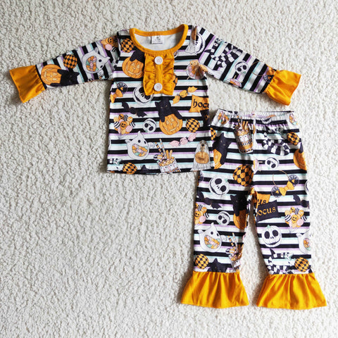 Halloween Pumpkin Stripe Orange Girl's Set Pajamas