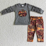 Fall Embroidery Pumpkin Leopard Ruffled Gray Girl's Set