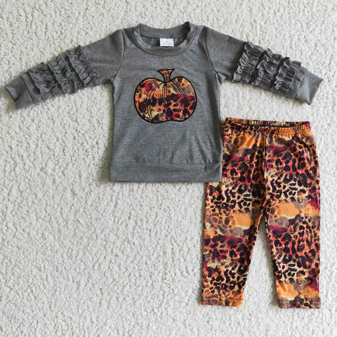 Fall Embroidery Pumpkin Leopard Ruffled Gray Girl's Set