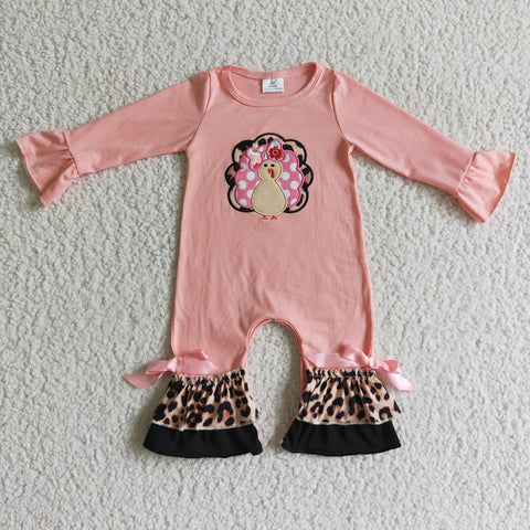 Embroidery Turkey Leopard Pink Baby Cute Girl's Romper