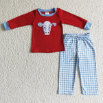 Boutique Embroidery Cow Red Blue Plaid Cute Boy's Set